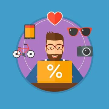 Man shopping online using his laptop. 스톡 일러스트