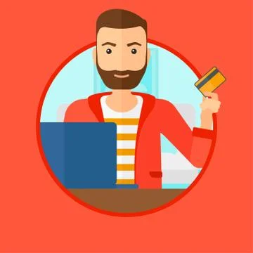 Man shopping online using his laptop. Illustrazione stock