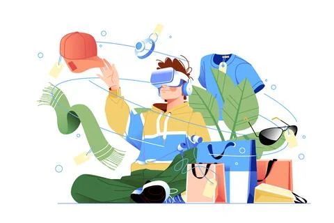 Man shopping online using virtual reality Stock Illustration