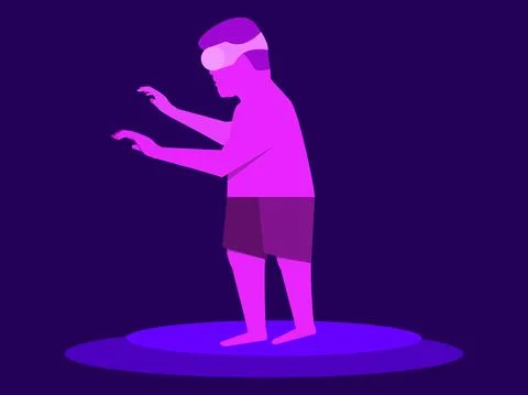 A man in shorts and virtual reality glasses. Remote work from home using VR h Stock Illustration