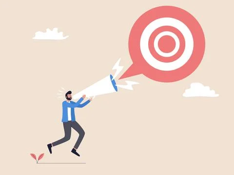 Man Shouting at Arrow Target with Loudspeaker: Goal Announcement Stock Illustration