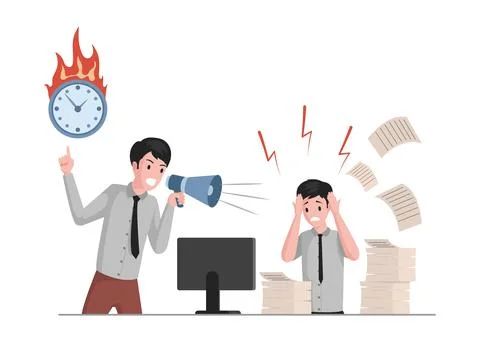 Man shouting in megaphone on office worker, and worker, sitting at computer Stock Illustration