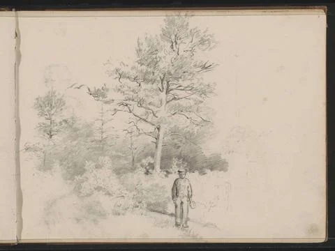 Man with shovel on a forest path. Leaf 5 Recto from a sketchbook with 77 s... Stock Photos