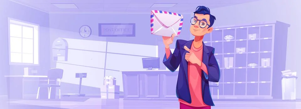 Man show envelope in post office interior, mail Illustration
