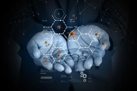 Man showing 3d virus with molecules Stock Illustration