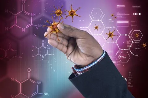 Man showing 3d virus with molecules Stock Illustration