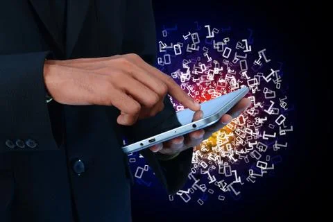 Man showing the binary digits with tablet computer イラスト素材