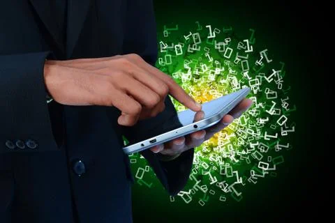 Man showing the binary digits with tablet computer イラスト素材