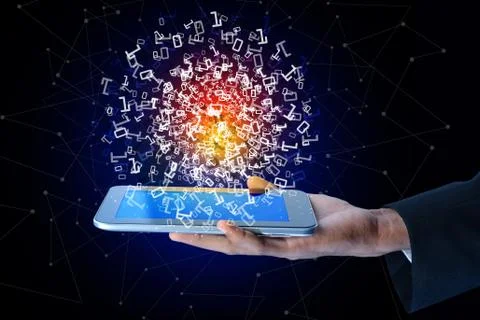 Man showing the binary digits with tablet computer イラスト素材