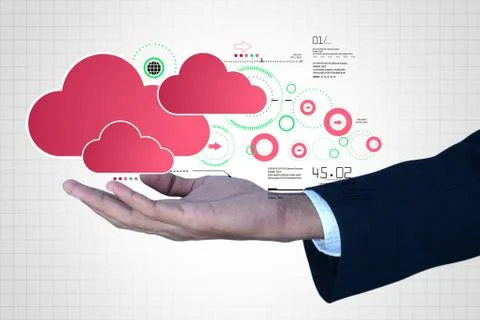 Man showing cloud technology with gear Illustrazione stock