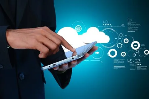 Man showing cloud technology 스톡 일러스트