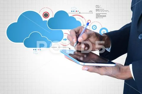 Man showing cloud technology Illustrazione stock