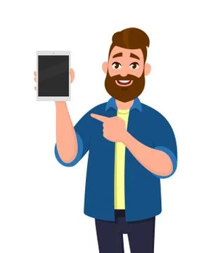 Man showing digital tablet computer and pointing to that. Tablet computer. Stock Illustration