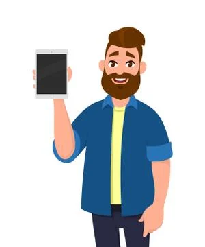 Man showing digital tablet computer. Tablet computer concept illustration. Stock Illustration
