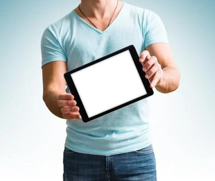 Man showing digital tablet computer screen in hands Stock Photos