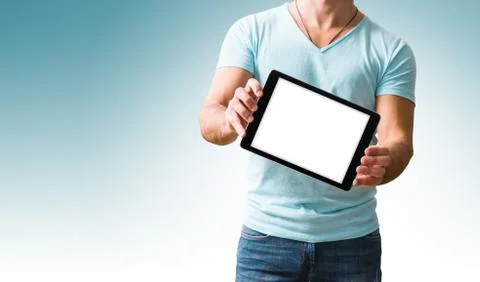 Man showing digital tablet computer screen in hands Stock Photos