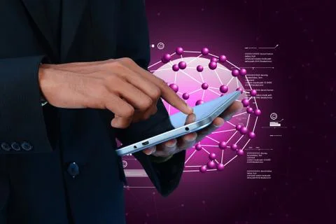 Man showing digital tablet with molecule Illustrazione stock