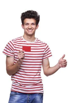 Man showing empty blank paper card sign Stock Photos