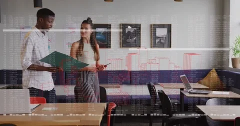 Man showing green folder and woman tapping phone, tap initiating code overlay Stock Footage 334036811
