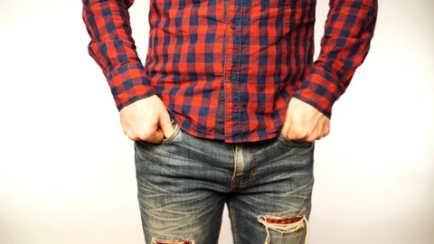 Man showing his empty pockets, turning his pockets inside out. Portrait of sad Stock Footage 111162180