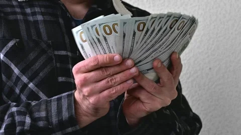 Man Showing Large Stack of Hundred Dollar Bills, Close Up Cash Money Stock Footage 346058328