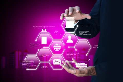 Man showing networking with virtual display in color background Stock Illustration