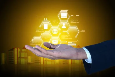 Man showing networking with virtual display in color background Stock Illustration