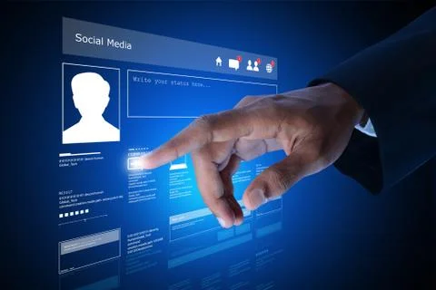 Man showing networking with virtual display Ilustración de archivo