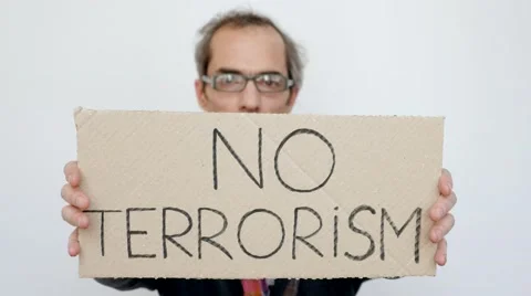 Man Showing No Terrorism Tablet Stock Footage 64544266