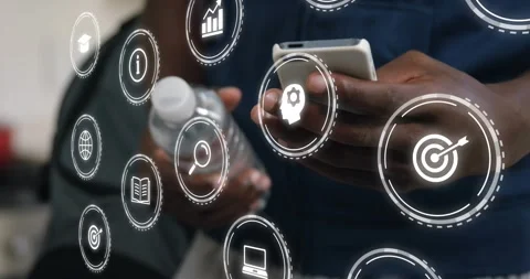 Man showing phone, tapping screen in hall, browsing while tech icons overlaying Stock Footage 329611397