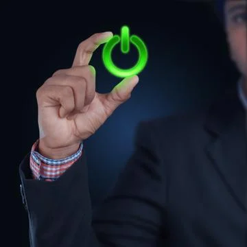 Man showing the power button Stock Illustration