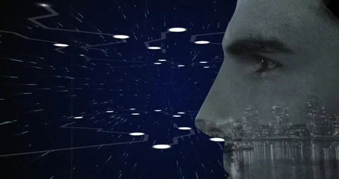 Man showing profile in technology scene, highlighting floating nodes and city Stock Footage 307563832