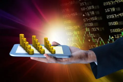 Man showing  tablet computer with financial stock market data Stock Illustration