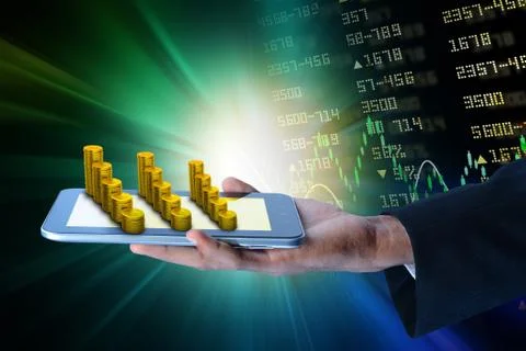 Man showing  tablet computer with financial stock market data Stock Illustration