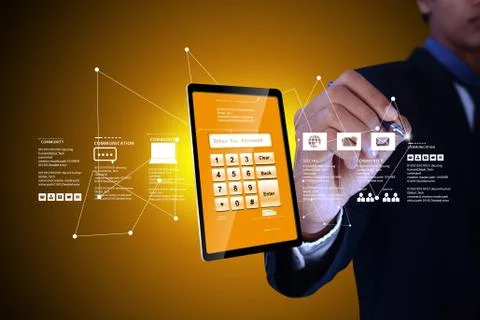 Man showing tablet pc in colour in color background Stock Illustration