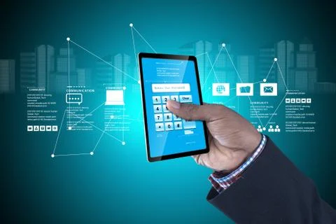 Man showing tablet pc in colour in color background Stock Illustration