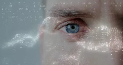 Man showing translucent binary digits and abstract waveforms on skin in Stock Footage 309285575