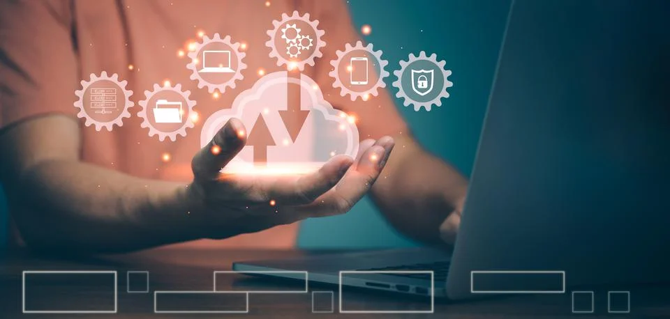 Man showing virtual screen with cloud computing diagram. Cloud technology. Da Stock Photos