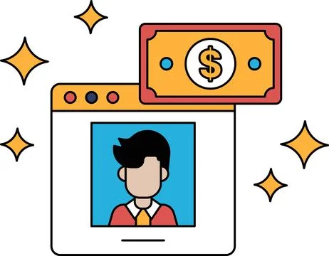 A man is shown on a computer screen with a dollar bill next to him Stock Illustration