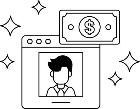 A man is shown on a computer screen with a dollar bill next to him Stock Illustration