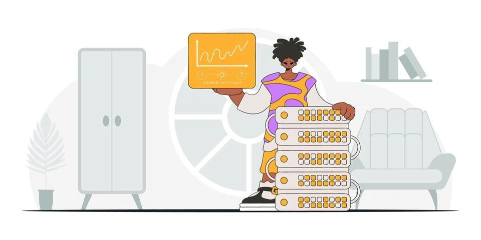 A man shown with an internet of things logo, portrayed in a contemporary desi Stock Illustration