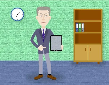 Man shows an empty tablet. 스톡 일러스트