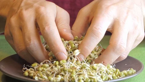 Man shows in hands mung bean sprouts Stock-Footage 123357906