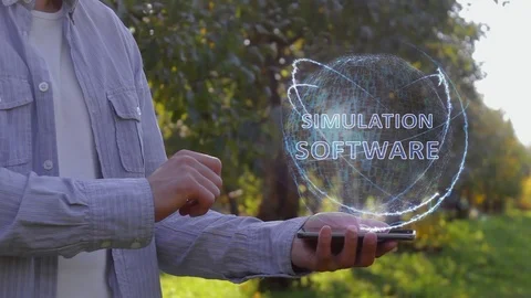 Man shows hologram with text Simulation software 스톡 동영상 107510315