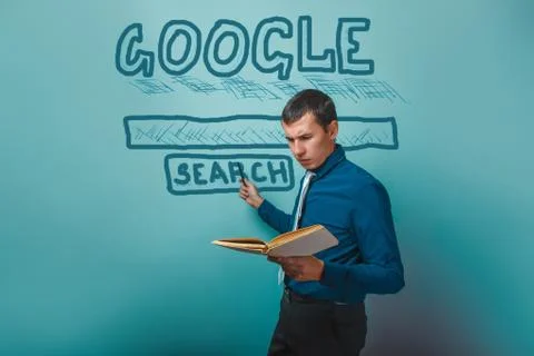 Man shows a pointer to search Google holding a book infographics Stock Photos