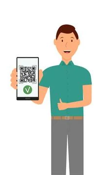 A man shows a QR code on his phone confirming the availability of a vaccination Stockillustratie