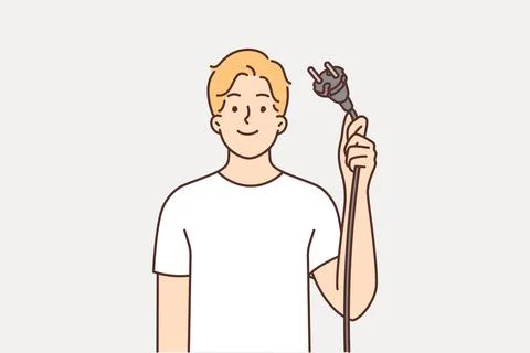 Man shows wire with plug from electrical equipment, offering to turn off Stock Illustration