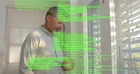 Man by shutters, sunlight casting lines and tech code drifting, leading to Stock Footage 322203801