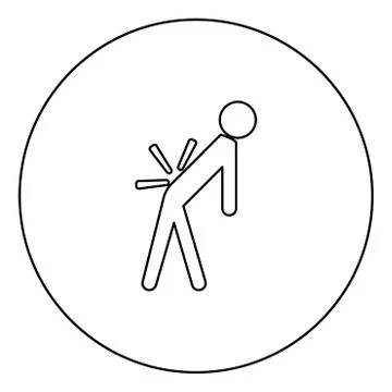 Man a with sick back . Backache black icon outline  in circle image Stock Illustration