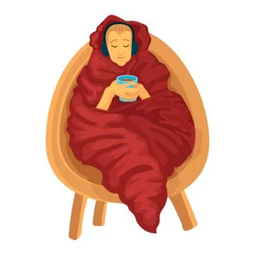 The man is sick or has a rest, sits in a chair, listens to music and drinks Stock Illustration